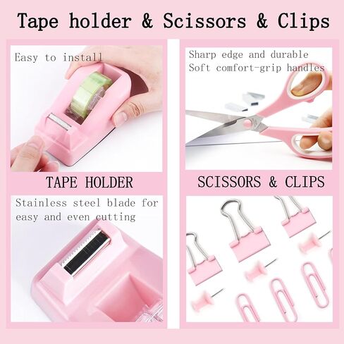 Green Office Supplies, Teal Desk Accessories 360°Pen Holder Desk Organizers and Accessories with Tape Dispenser, Stapler, Staple Remover, 1000 Staples, Tape, Clips Set, Ruler, Scissor, Pen in Saudi Arabia