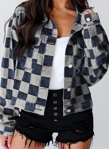 سترة Sidefeel النسائية كبيرة الحجم من قماش الدنيم كاجوال بجيوب منقوشة وسترة جينز للخريف والربيع in Kuwait