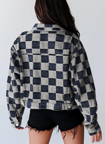 سترة Sidefeel النسائية كبيرة الحجم من قماش الدنيم كاجوال بجيوب منقوشة وسترة جينز للخريف والربيع in Kuwait