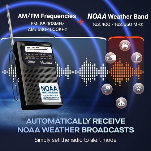 راديو الطقس NOAA - راديو محمول يعمل بالبطارية NOAA/AM/FM في حالات الطوارئ مع أفضل استقبال وأطول ترانزستور يدوم طويلاً. تعمل ببطاريتين AA مع مقبس سماعة رأس أحادي، من فونديور (فضي) in Saudi Arabia