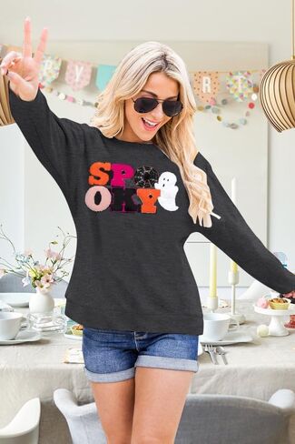 MOUSYA Halloween Spooky Sweatshirts Spooky Patch Pullover Halloween Sweatshirt for Women Fall Chenille Pullover Top in Saudi Arabia