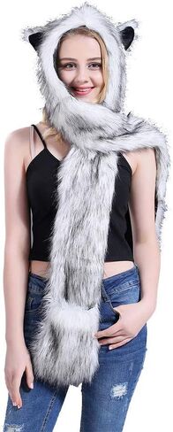 Faux Fur Animal Hat 3-in-1 Function Hoods with Scarfs Mittens Paws Ears Warm Winter Cap for Women Girls in Saudi Arabia