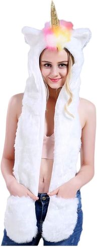 Faux Fur Animal Hat 3-in-1 Function Hoods with Scarfs Mittens Paws Ears Warm Winter Cap for Women Girls in Saudi Arabia