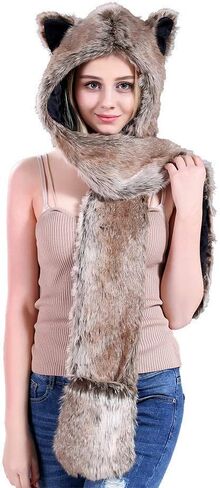 Faux Fur Animal Hat 3-in-1 Function Hoods with Scarfs Mittens Paws Ears Warm Winter Cap for Women Girls in Saudi Arabia