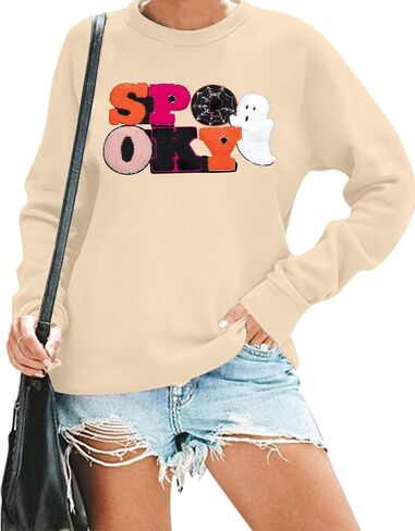 MOUSYA Halloween Spooky Sweatshirts Spooky Patch Pullover Halloween Sweatshirt for Women Fall Chenille Pullover Top in Saudi Arabia