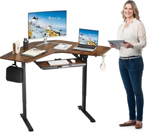 مكتب قائم بزاوية كهربائية مع صينية لوحة المفاتيح، طاولة واقفة على شكل حرف L قابلة للتعديل، محطات عمل للجلوس للمكتب المنزلي (جوز) in Saudi Arabia