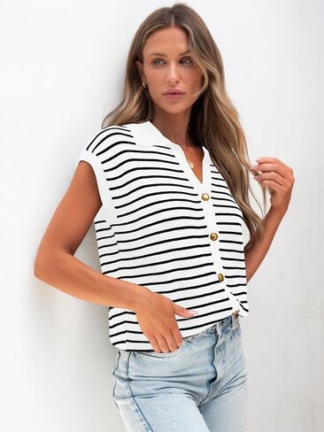 HDLTE Striped Sweater Vest for Women - Button Up Work Tank Tops Cardigan Business Casual Outfits Trendy Knit Shirt 2024 in Saudi Arabia