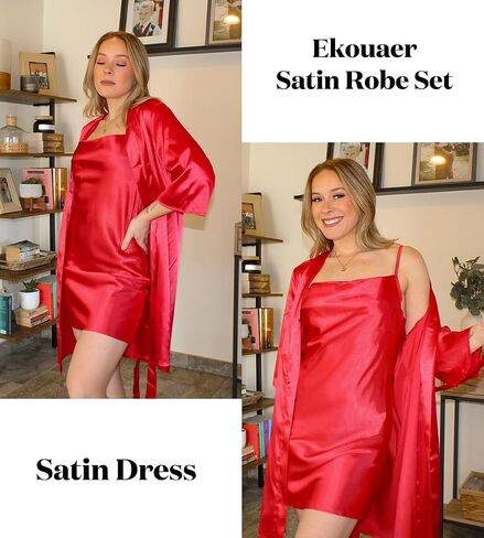 Ekouaer Women's Satin Robe Set Nightgown with Robes Silk Pajama Set 2 Pieces Lingerie Cowl Neck Cami Sleepwear Sets in Saudi Arabia