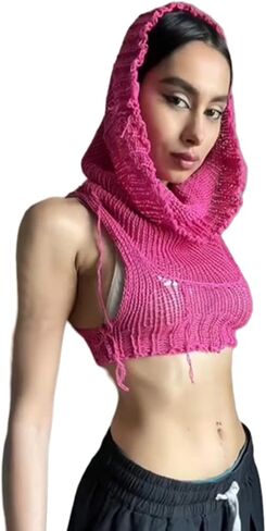 Women's Knitted Hoodie Sweater Vest Sexy Sleeveless Hollow Out Hooded Crop Top Draped Sweatshirt Streetwear in Saudi Arabia