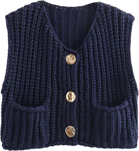 Flygo Womens Crop Button Knit Sweater Vest Chunky Cable Knitted Cardigan Vests Sleeveless 2024 Summer Sweaters in Saudi Arabia