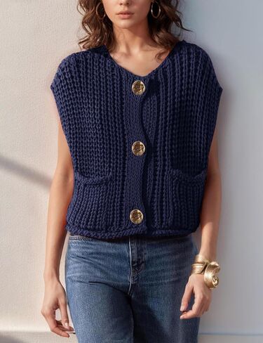 Flygo Womens Crop Button Knit Sweater Vest Chunky Cable Knitted Cardigan Vests Sleeveless 2024 Summer Sweaters in Saudi Arabia