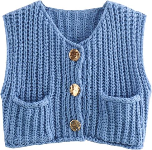Flygo Womens Crop Button Knit Sweater Vest Chunky Cable Knitted Cardigan Vests Sleeveless 2024 Summer Sweaters in Saudi Arabia