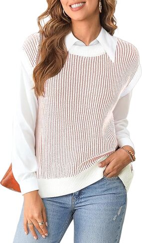 EVALESS Womens Cap Sleeve Striped Sweater Vest Casual Crewneck Loose Fit Knit Pullover Tops Fall Clothes 2024 in Saudi Arabia