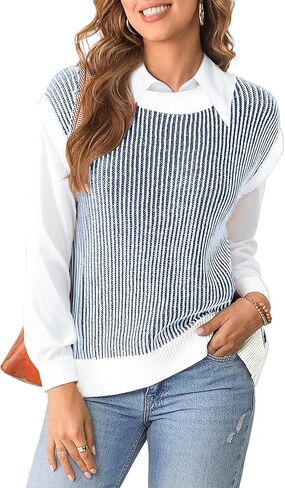 EVALESS Womens Cap Sleeve Striped Sweater Vest Casual Crewneck Loose Fit Knit Pullover Tops Fall Clothes 2024 in Saudi Arabia