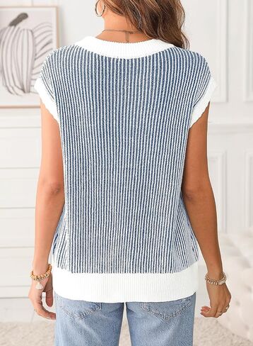 EVALESS Womens Cap Sleeve Striped Sweater Vest Casual Crewneck Loose Fit Knit Pullover Tops Fall Clothes 2024 in Saudi Arabia
