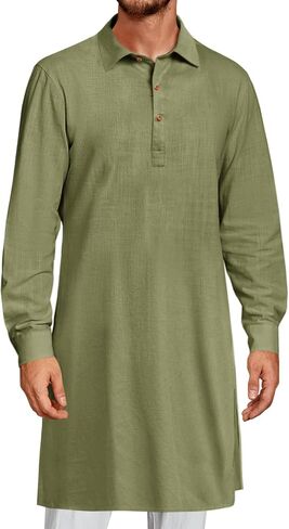 Runcati Mens Kaftan Robe Thobe Button Down Long Sleeve Cotton Linen Casual Muslim Gown Polo Shirt Kurta Tops in Saudi Arabia