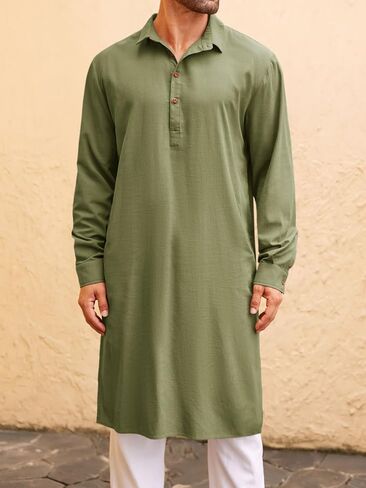 Runcati Mens Kaftan Robe Thobe Button Down Long Sleeve Cotton Linen Casual Muslim Gown Polo Shirt Kurta Tops in Saudi Arabia