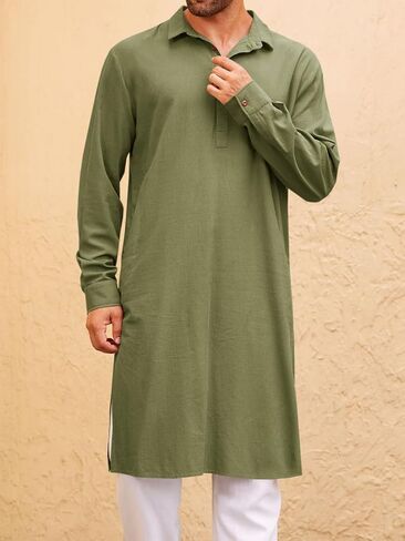 Runcati Mens Kaftan Robe Thobe Button Down Long Sleeve Cotton Linen Casual Muslim Gown Polo Shirt Kurta Tops in Saudi Arabia