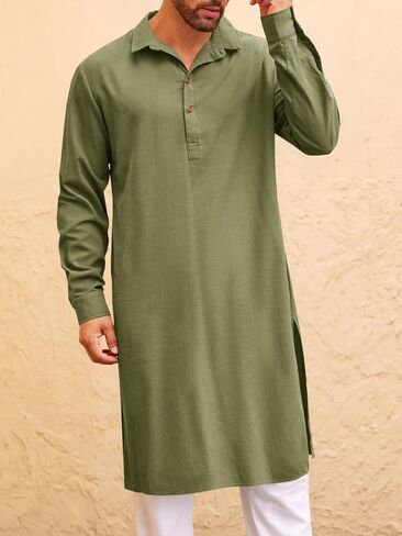 Runcati Mens Kaftan Robe Thobe Button Down Long Sleeve Cotton Linen Casual Muslim Gown Polo Shirt Kurta Tops in Saudi Arabia