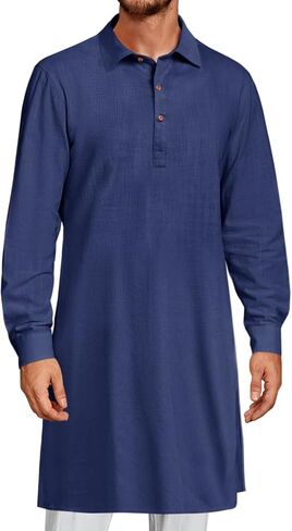Runcati Mens Kaftan Robe Thobe Button Down Long Sleeve Cotton Linen Casual Muslim Gown Polo Shirt Kurta Tops in Saudi Arabia