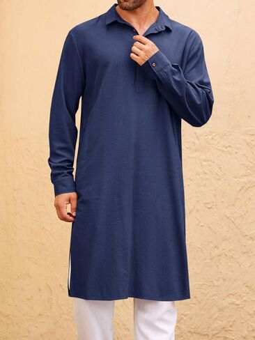Runcati Mens Kaftan Robe Thobe Button Down Long Sleeve Cotton Linen Casual Muslim Gown Polo Shirt Kurta Tops in Saudi Arabia