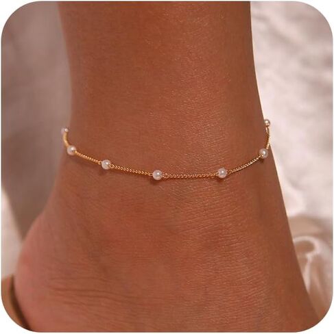 Ankle Bracelets for Women,Dainty Gold Anklet 14k Gold Plated Summer Pearl Anklets for Women Waterproof Non Tarnish Pearl Anklet Set Cute Beded Chain Anklets for Women Beach Gold Jewelry in Saudi Arabia