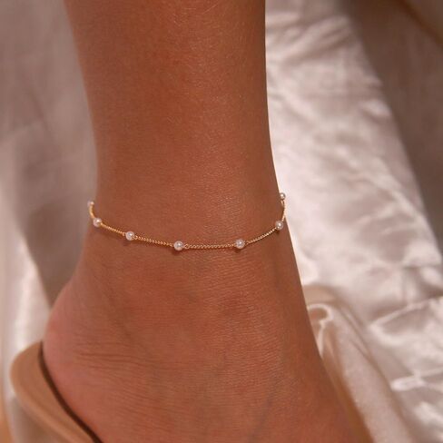 Ankle Bracelets for Women,Dainty Gold Anklet 14k Gold Plated Summer Pearl Anklets for Women Waterproof Non Tarnish Pearl Anklet Set Cute Beded Chain Anklets for Women Beach Gold Jewelry in Saudi Arabia