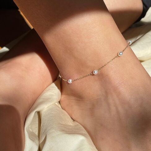 Ankle Bracelets for Women,Dainty Gold Anklet 14k Gold Plated Summer Pearl Anklets for Women Waterproof Non Tarnish Pearl Anklet Set Cute Beded Chain Anklets for Women Beach Gold Jewelry in Saudi Arabia