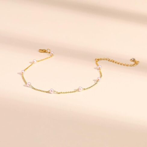 Ankle Bracelets for Women,Dainty Gold Anklet 14k Gold Plated Summer Pearl Anklets for Women Waterproof Non Tarnish Pearl Anklet Set Cute Beded Chain Anklets for Women Beach Gold Jewelry in Saudi Arabia