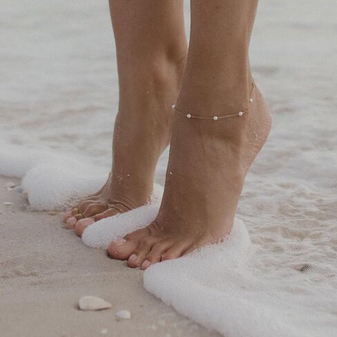 Ankle Bracelets for Women,Dainty Gold Anklet 14k Gold Plated Summer Pearl Anklets for Women Waterproof Non Tarnish Pearl Anklet Set Cute Beded Chain Anklets for Women Beach Gold Jewelry in Saudi Arabia