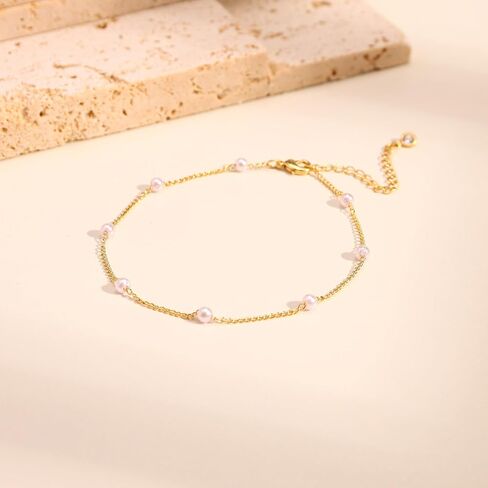 Ankle Bracelets for Women,Dainty Gold Anklet 14k Gold Plated Summer Pearl Anklets for Women Waterproof Non Tarnish Pearl Anklet Set Cute Beded Chain Anklets for Women Beach Gold Jewelry in Saudi Arabia