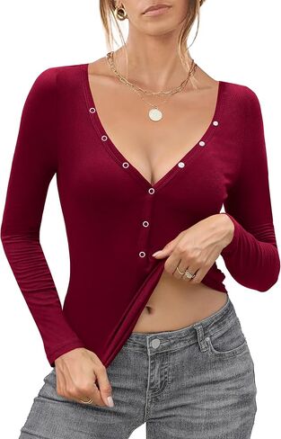 Aoulaydo Women 2024 Henley T Shirts V Neck Long Sleeve Button Up Slim Fit Casual Ribbed Knit Thermal Tops in Saudi Arabia