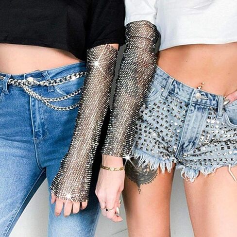 BODIY شبكة أحجار الراين أصابع قفازات سوداء طويلة تمتد شبكة صيد السمك كريستال حزب الهذيان نادي بلينغ زي قفازات الجسم سلسلة مجوهرات للنساء والفتيات (قطع من 2) in Kuwait