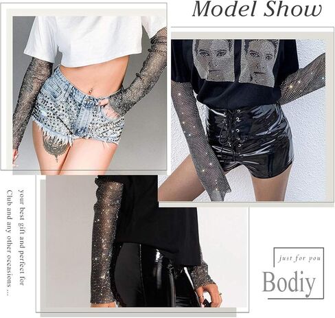 BODIY شبكة أحجار الراين أصابع قفازات سوداء طويلة تمتد شبكة صيد السمك كريستال حزب الهذيان نادي بلينغ زي قفازات الجسم سلسلة مجوهرات للنساء والفتيات (قطع من 2) in Kuwait