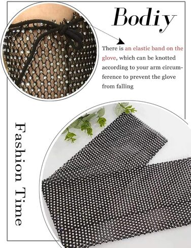 BODIY شبكة أحجار الراين أصابع قفازات سوداء طويلة تمتد شبكة صيد السمك كريستال حزب الهذيان نادي بلينغ زي قفازات الجسم سلسلة مجوهرات للنساء والفتيات (قطع من 2) in Kuwait
