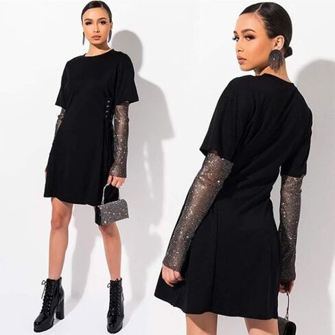 BODIY شبكة أحجار الراين أصابع قفازات سوداء طويلة تمتد شبكة صيد السمك كريستال حزب الهذيان نادي بلينغ زي قفازات الجسم سلسلة مجوهرات للنساء والفتيات (قطع من 2) in Kuwait