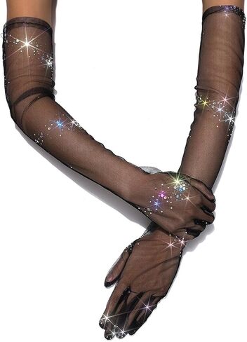 قفازات سوداء لامعة بالترتر من التول أوبرا شفافة، قفازات طويلة الأصابع للحفلات الراقصة للنساء in Kuwait