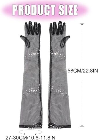 قفازات سوداء لامعة بالترتر من التول أوبرا شفافة، قفازات طويلة الأصابع للحفلات الراقصة للنساء in Kuwait