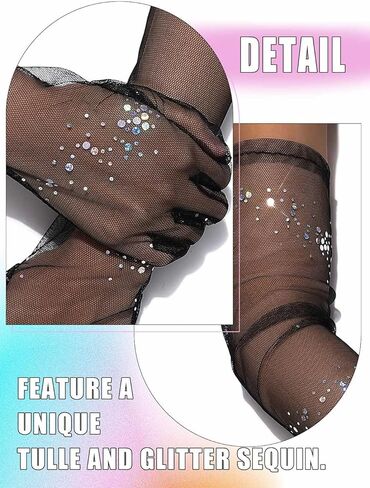 قفازات سوداء لامعة بالترتر من التول أوبرا شفافة، قفازات طويلة الأصابع للحفلات الراقصة للنساء in Kuwait