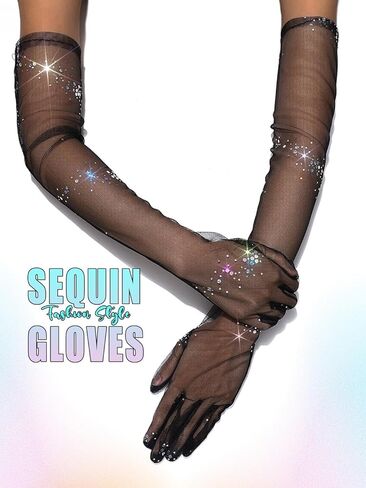 قفازات سوداء لامعة بالترتر من التول أوبرا شفافة، قفازات طويلة الأصابع للحفلات الراقصة للنساء in Kuwait