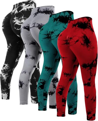 4 Pcs Womens Workout Leggings Tie Dye High Waisted Yoga Pants Seamless Scrunch Butt Lifting Compression Tights in Saudi Arabia