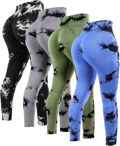 4 Pcs Womens Workout Leggings Tie Dye High Waisted Yoga Pants Seamless Scrunch Butt Lifting Compression Tights in Saudi Arabia