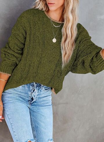 EVALESS Sweaters for Women Trendy Crewneck Long Sleeve Color Block Sweater Tops Fall 2024 Chunky Cable Knit Pullover Sweaters in Saudi Arabia