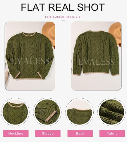 EVALESS Sweaters for Women Trendy Crewneck Long Sleeve Color Block Sweater Tops Fall 2024 Chunky Cable Knit Pullover Sweaters in Saudi Arabia