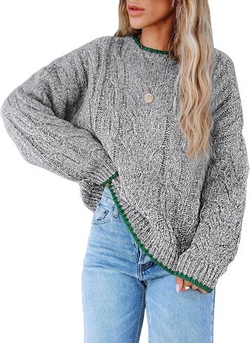 EVALESS Sweaters for Women Trendy Crewneck Long Sleeve Color Block Sweater Tops Fall 2024 Chunky Cable Knit Pullover Sweaters in Saudi Arabia