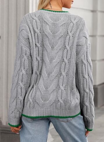 EVALESS Sweaters for Women Trendy Crewneck Long Sleeve Color Block Sweater Tops Fall 2024 Chunky Cable Knit Pullover Sweaters in Saudi Arabia