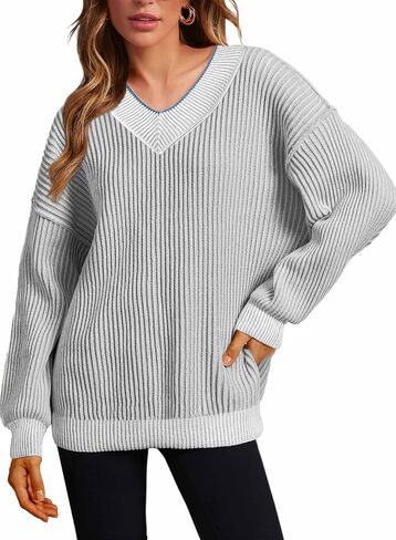 EVALESS Striped Sweaters for Women Fall Casual V Neck Color Block Drop Shoulder Oversized Sweater Long Sleeve Pullover Tops in Saudi Arabia