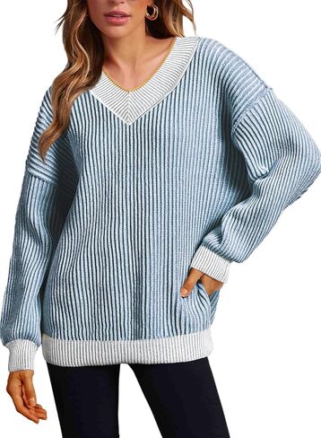 EVALESS Striped Sweaters for Women Fall Casual V Neck Color Block Drop Shoulder Oversized Sweater Long Sleeve Pullover Tops in Saudi Arabia