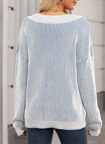EVALESS Striped Sweaters for Women Fall Casual V Neck Color Block Drop Shoulder Oversized Sweater Long Sleeve Pullover Tops in Saudi Arabia
