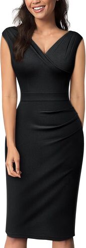 AISIZE Women's Retro V-Neck Ruffle Cap Sleeve Cocktail Business Dress in Saudi Arabia